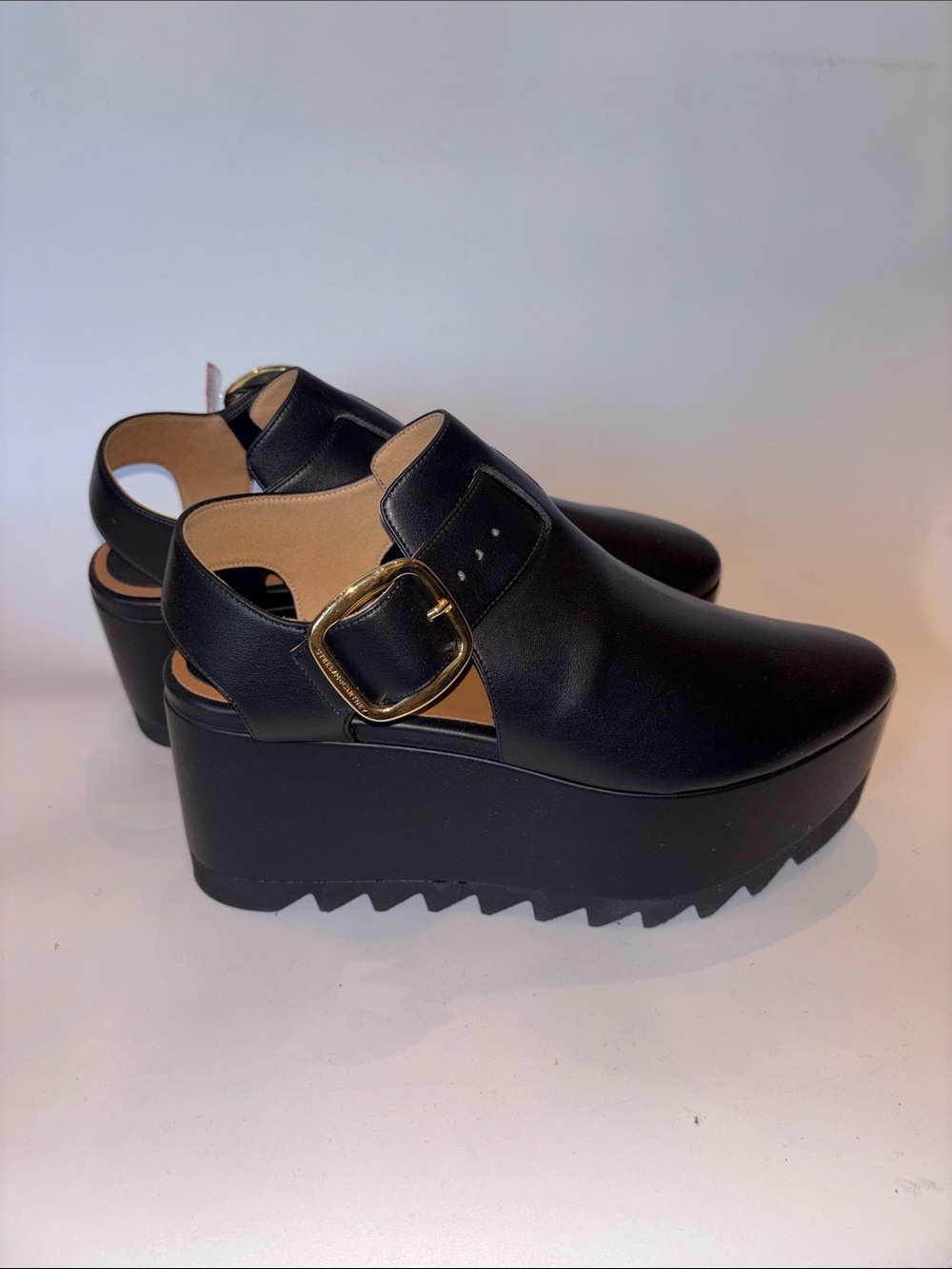 Stella McCartney Black Platform Wedge Slingback with Gold Buckle